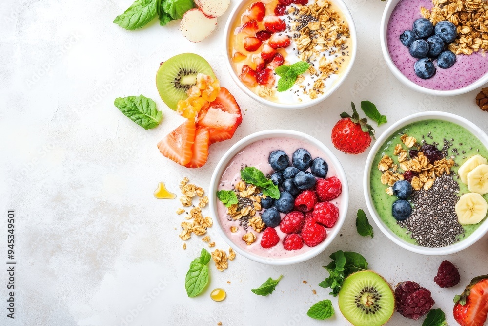 Colorful smoothie bowls topped with fruits, granola, and mint leaves for a healthy meal. Colorful smoothie bowls topped with fruits, granola, and mint leaves for a healthy meal.