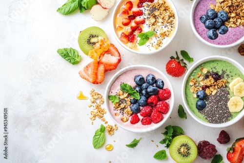 Wallpaper Mural Colorful smoothie bowls topped with fruits, granola, and mint leaves for a healthy meal. Torontodigital.ca