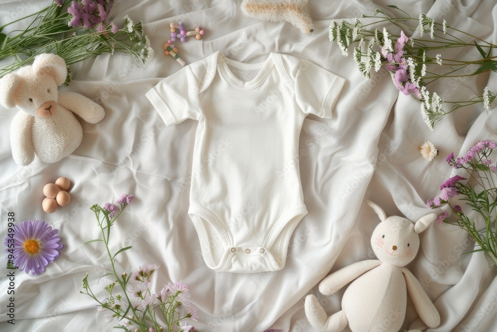 Baby Clothing Mockup with Soft Plush Toys and Floral Accents for Newborn Nursery Design