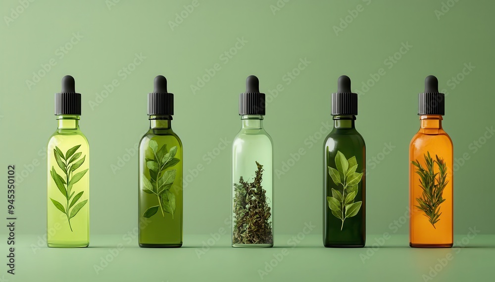 Organic herb-infused oils, bottles with herbs inside, Watercolor style Organic herb-infused oils, bottles with herbs inside, Watercolor style