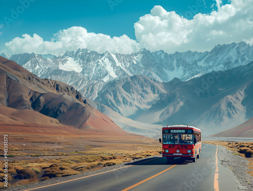 A large sightseeing bus navigates winding roads in a picturesque mountainous landscape filled with trees.