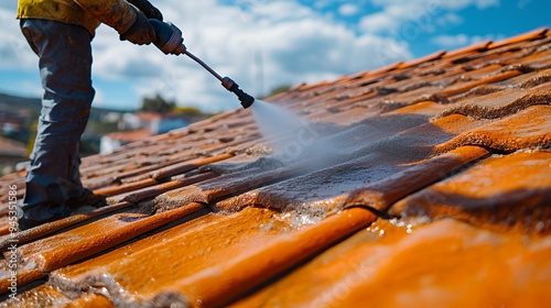 Wallpaper Mural A person cleaning a tiled roof with a pressure washer on a sunny day. Torontodigital.ca