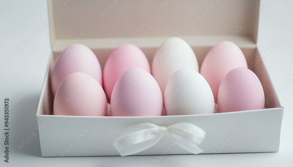 Fototapeta premium A decorative box containing pastel-colored eggs for festive occasions.
