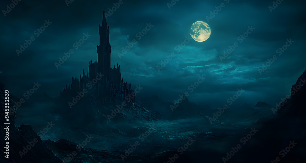 Cinematic Shot of a Moonlit Landscape with an Ancient Ruin
