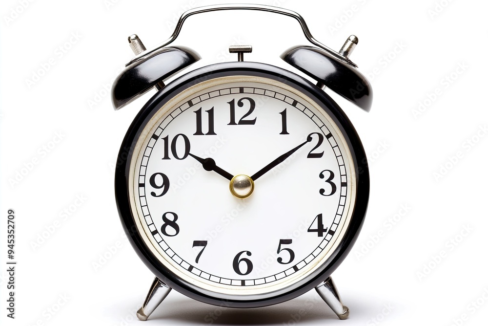 Classic black alarm clock displaying time. Classic black alarm clock displaying time.