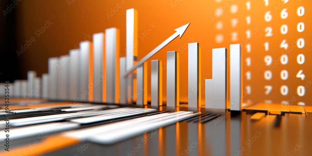 Fototapeta premium 3D Render of Stock Market Graph with Upward Arrow on Orange and Black Background
