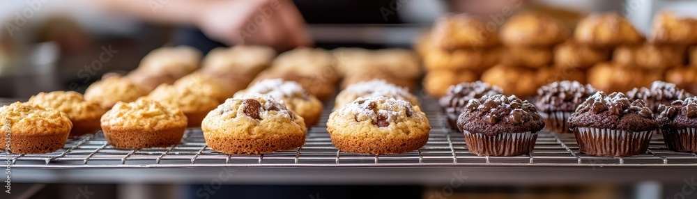 Freshly baked muffins displayed on a cooling rack, showcasing different flavors and textures, perfect for any dessert lover. Freshly baked muffins displayed on a cooling rack, showcasing different flavors and textures, perfect for any dessert lover.