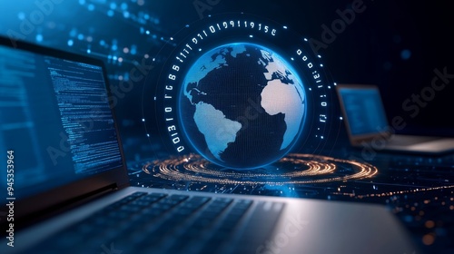 Blue Digital Background with Earth, Laptops, and Global Network Technology Icons