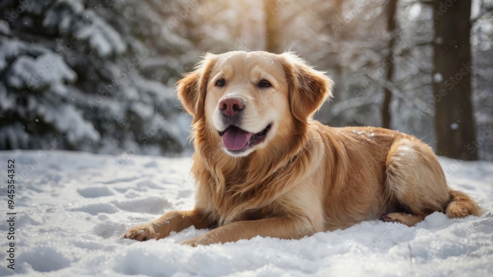 Happy retriever dog lying in snowy scene, natural light Happy retriever dog lying in snowy scene, natural light