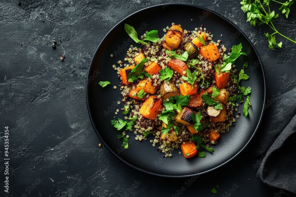 A vibrant dish of quinoa with roasted vegetables and herbs on a dark plate. A vibrant dish of quinoa with roasted vegetables and herbs on a dark plate.