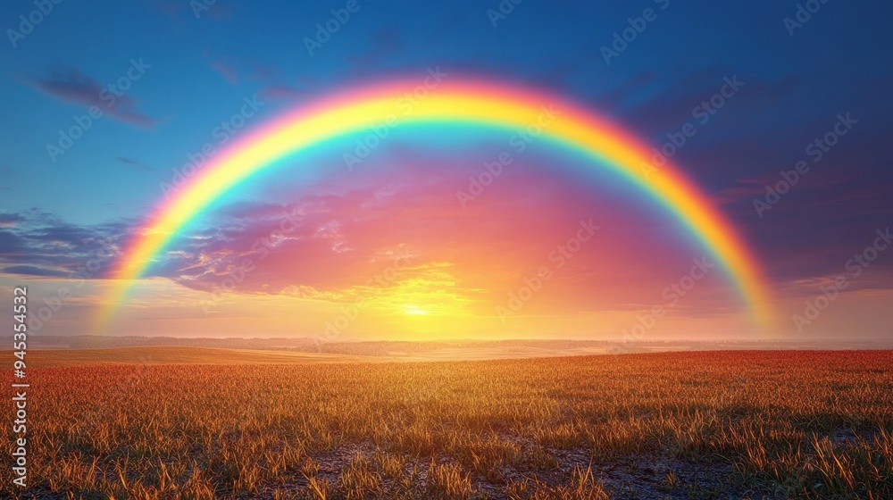 Bright rainbow over a rural landscape after a rainstorm, colorful weather, hope and renewal Bright rainbow over a rural landscape after a rainstorm, colorful weather, hope and renewal