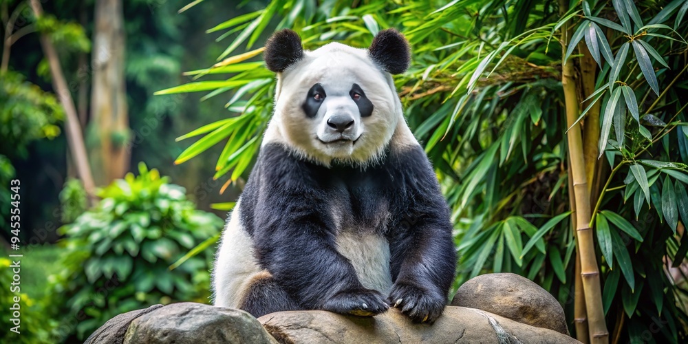 Obraz premium Giant panda sits serenely on a rock, surveying its surroundings amidst lush green bamboo and vibrant plants in a sun-dappled zoo enclosure.