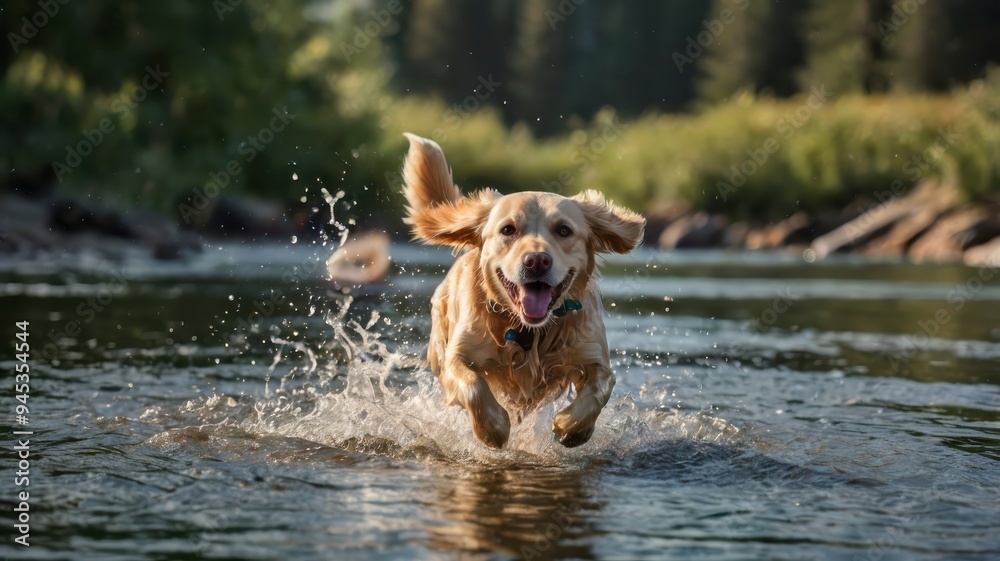 Happy retriever running through water in nature Happy retriever running through water in nature