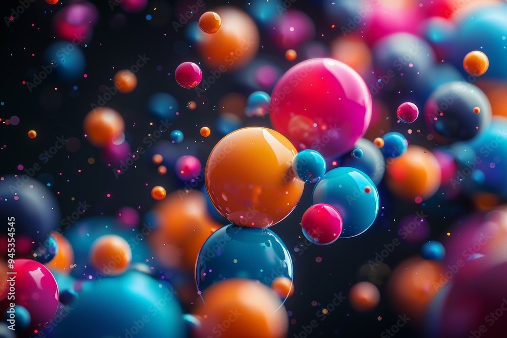 Set of four glass spheres with blue and orange reflections on a dark reflective surface. Set of four glass spheres with blue and orange reflections on a dark reflective surface.