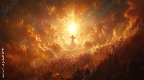 A dramatic portrayal of Jesus Christ return to the heavenly throne, with radiant light and ethereal clouds enhancing the divine and prophetic nature of the scene.