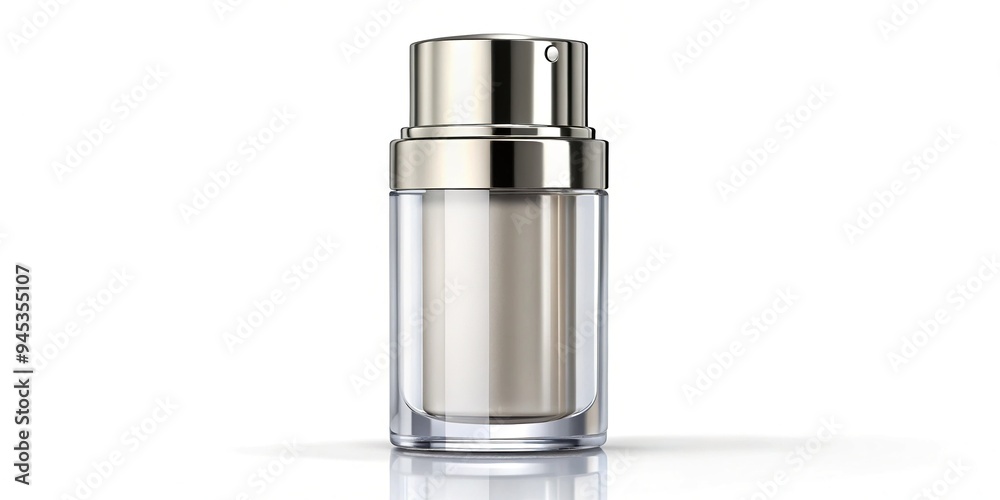Glossy modern cosmetic bottle with silver cap and transparent glass body standing upright on a white background, highlighting product labeling and branding. Glossy modern cosmetic bottle with silver cap and transparent glass body standing upright on a white background, highlighting product labeling and branding.