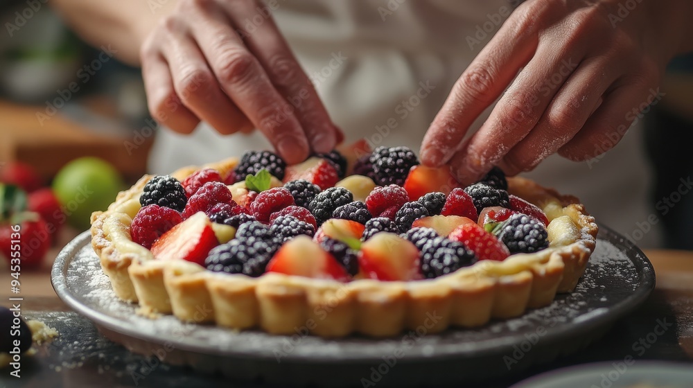 A chef assembling a fresh fruit tart topped with vibrant berries, showcasing a colorful and appetizing dessert preparation. A chef assembling a fresh fruit tart topped with vibrant berries, showcasing a colorful and appetizing dessert preparation.