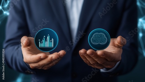 Businessman Holding Icons of Business Growth Charts and AI Brain for Technological Innovation