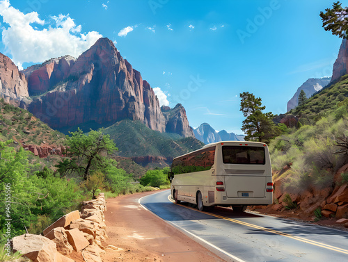 Tourist bus cruising through a picturesque national park, surrounded by lush greenery and clear skies.