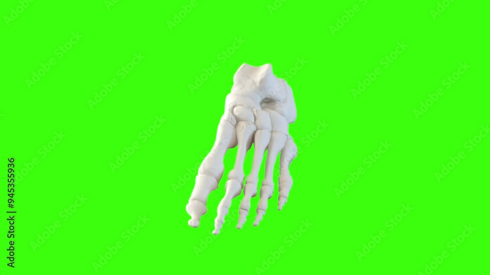 A 3D model of a human foot skeleton displayed on a green background. A 3D model of a human foot skeleton displayed on a green background.