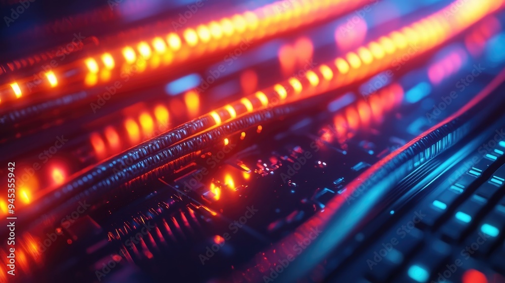 Glowing Network Cable in a Server Room Environment