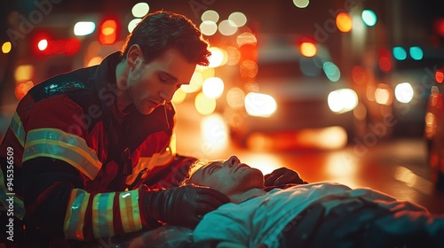 A firefighter attends to an injured person at night, showcasing emergency response in a bustling urban environment. photo