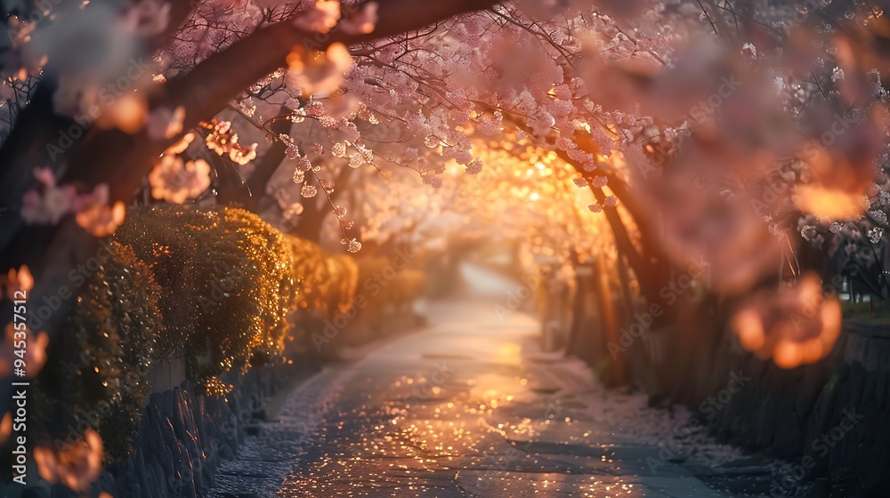 Golden Hour Pathway with Cherry Blossoms Golden Hour Pathway with Cherry Blossoms