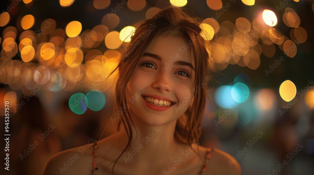 A young woman smiling joyfully with festive bokeh lights in the background, capturing a moment of happiness and celebration. A young woman smiling joyfully with festive bokeh lights in the background, capturing a moment of happiness and celebration.