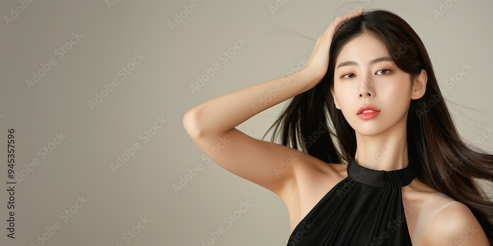 Elegant woman in a black dress poses gracefully against a neutral background during a fashion photoshoot in a studio setting Elegant woman in a black dress poses gracefully against a neutral background during a fashion photoshoot in a studio setting