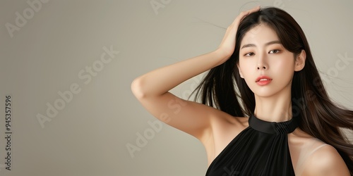 Elegant woman in a black dress poses gracefully against a neutral background during a fashion photoshoot in a studio setting