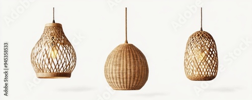 Boho style lampshade made of woven rattan with a natural finish, isolated on a white background, presented in watercolor style. photo