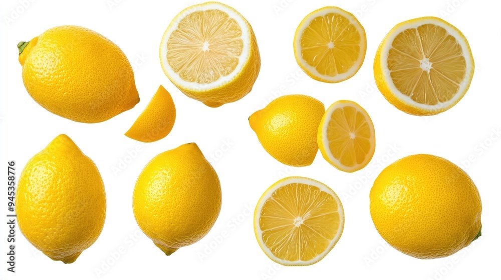 Collection of whole, halved, and sliced lemons isolated on white background. Collection of whole, halved, and sliced lemons isolated on white background.