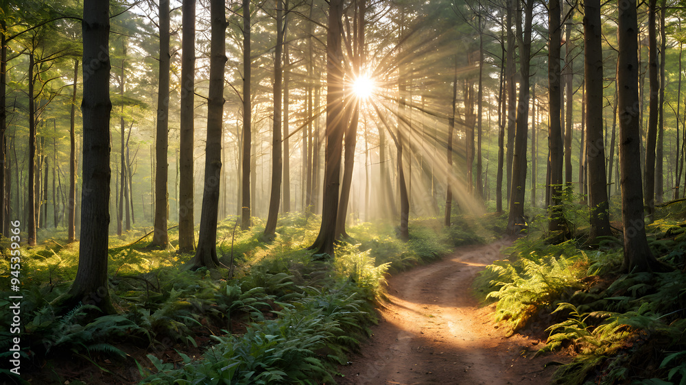 Fototapeta premium Radiant golden hour sunbeams illuminating a quiet forest path, nature's glowtime, peaceful and inspiring landscape.