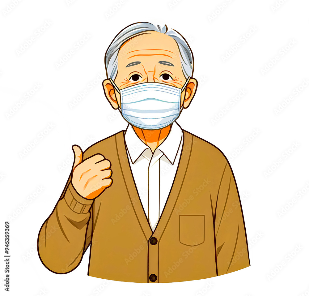 Isolated vector illustration of elderly man wearing face mask showing correct pandemic preparedness gesture on white background. Isolated vector illustration of elderly man wearing face mask showing correct pandemic preparedness gesture on white background.