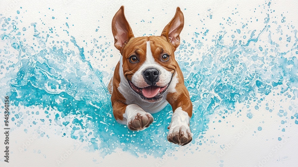 A joyful dog leaps through splashes of water, showcasing playful energy and happiness in a vibrant outdoor setting. A joyful dog leaps through splashes of water, showcasing playful energy and happiness in a vibrant outdoor setting.
