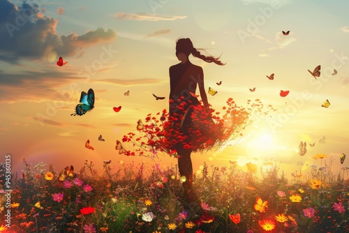 Silhouette of a woman surrounded by a field of flowers, with butterflies flying around at sunset, portraying a peaceful and enchanting moment. photo