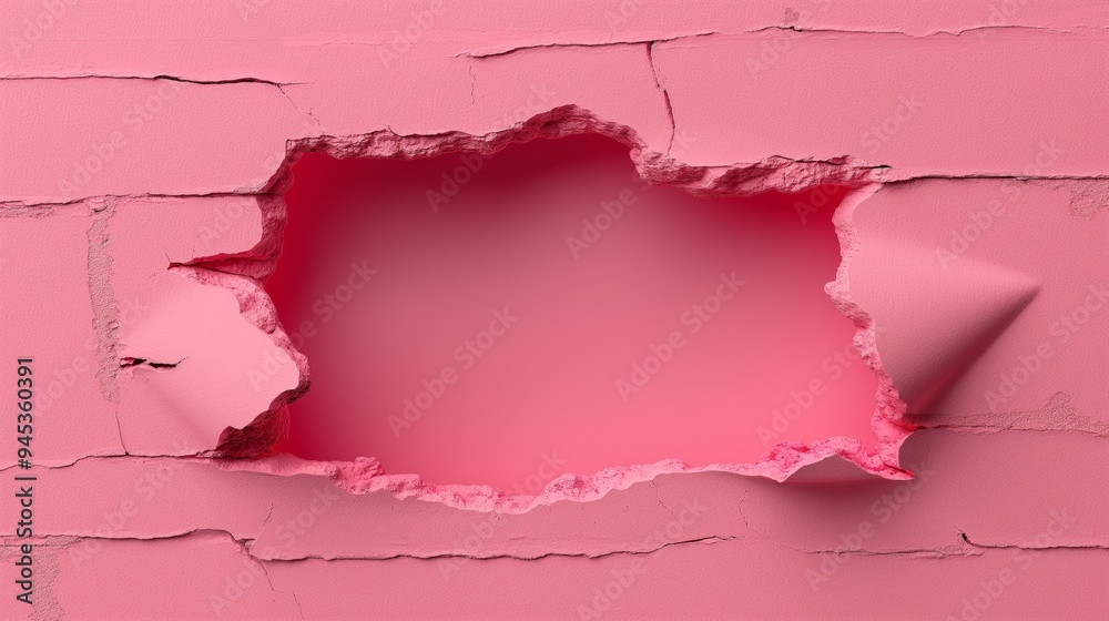 Hole in a wall. Hole broken in a pink wall Hole in a wall. Hole broken in a pink wall