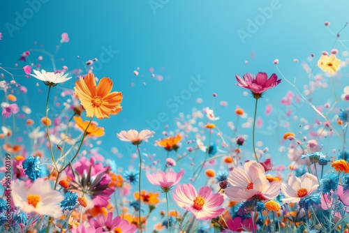 Bright and colorful wildflowers swaying in the breeze under a clear blue sky, evoking a sense of joy and natural beauty.