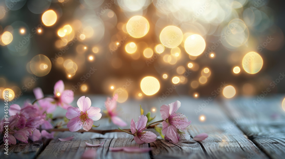 custom made wallpaper toronto digitalPink spring blossoms lie on a wooden surface with warm golden bokeh lights in the background, creating a dreamy atmosphere.