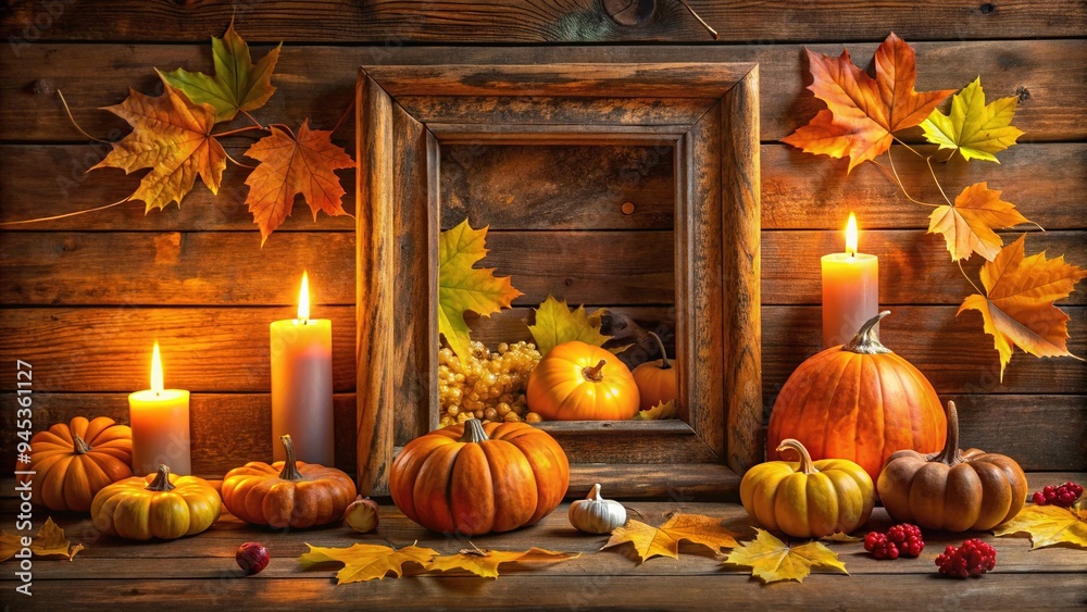 Obraz premium Golden fall leaves and pumpkins adorn a vintage wooden frame, surrounded by warm candlelight, evoking a cozy autumnal atmosphere perfect for Thanksgiving celebrations.