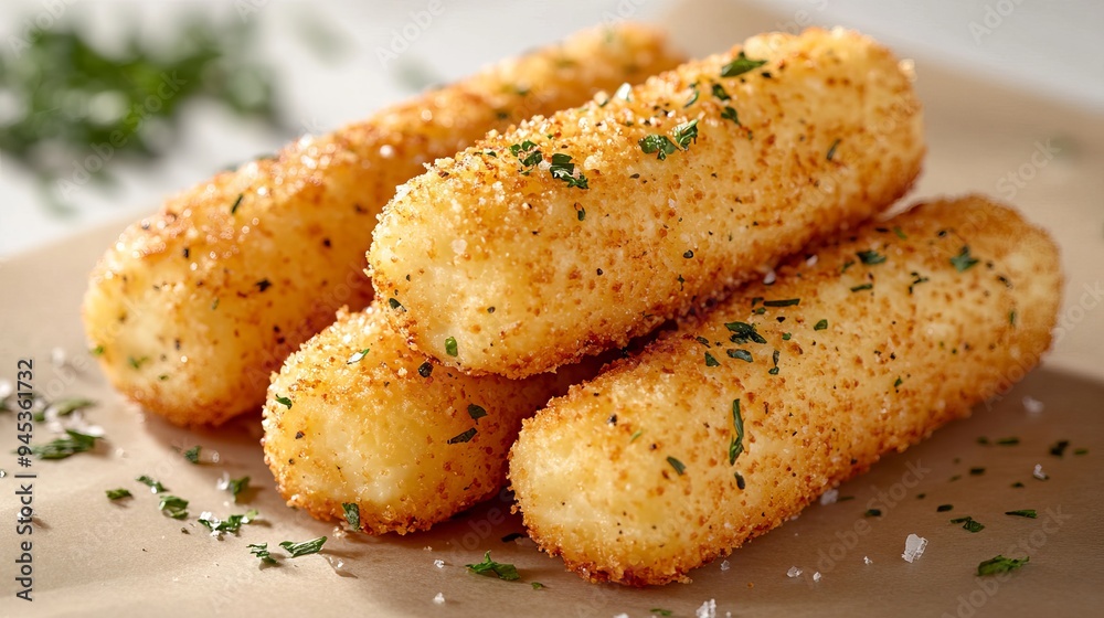 Crispy golden breadsticks served on a plate with herbs and seasoning Crispy golden breadsticks served on a plate with herbs and seasoning