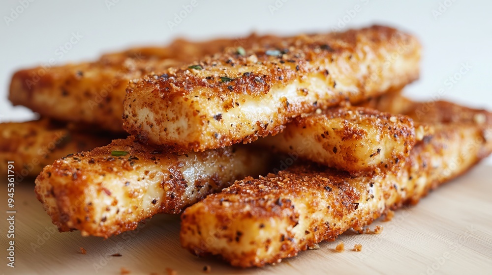 Crispy golden fried tofu sticks served on a wooden surface Crispy golden fried tofu sticks served on a wooden surface