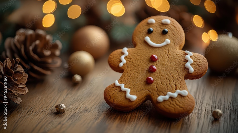 charming gingerbread man cookie with playful icing details soft focus fairy lights in background warm golden tones evoking cozy holiday atmosphere charming gingerbread man cookie with playful icing details soft focus fairy lights in background warm golden tones evoking cozy holiday atmosphere