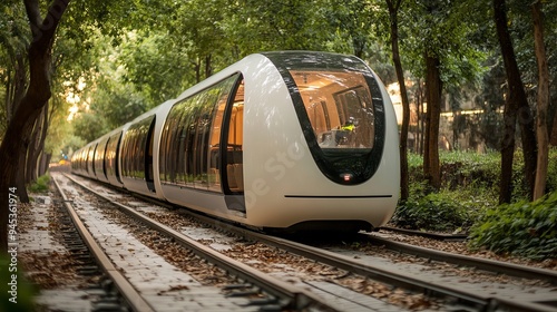 Modern autonomous train traveling through a lush green urban environment