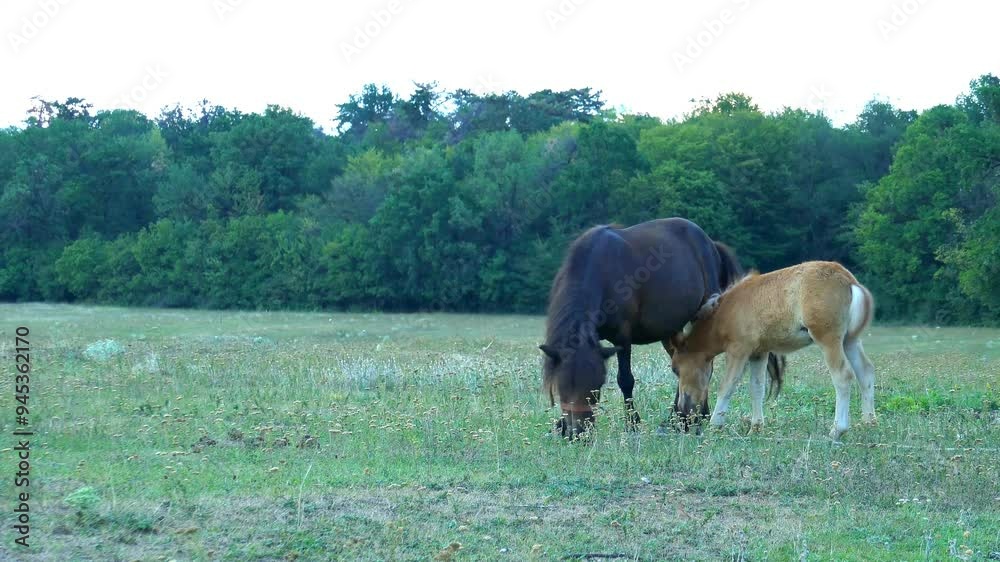 Small size cute pony horses with cub , scattered on green pasture , grazing at sunset , calm rural scenery. Small size cute pony horses with cub , scattered on green pasture , grazing at sunset , calm rural scenery.