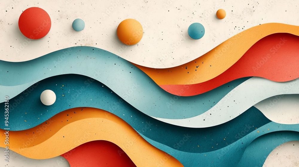 Abstract design with curved shapes and floating spheres on texture Abstract design with curved shapes and floating spheres on texture