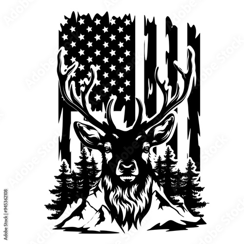 US Deer | Deer | Outdoor Scene | Deer Hunting | Antler | Outdoor Hunting Scene | Wildlife | Mountain View Scene | Original Illustration | Vector and Clipart | Cutfile and Stencil