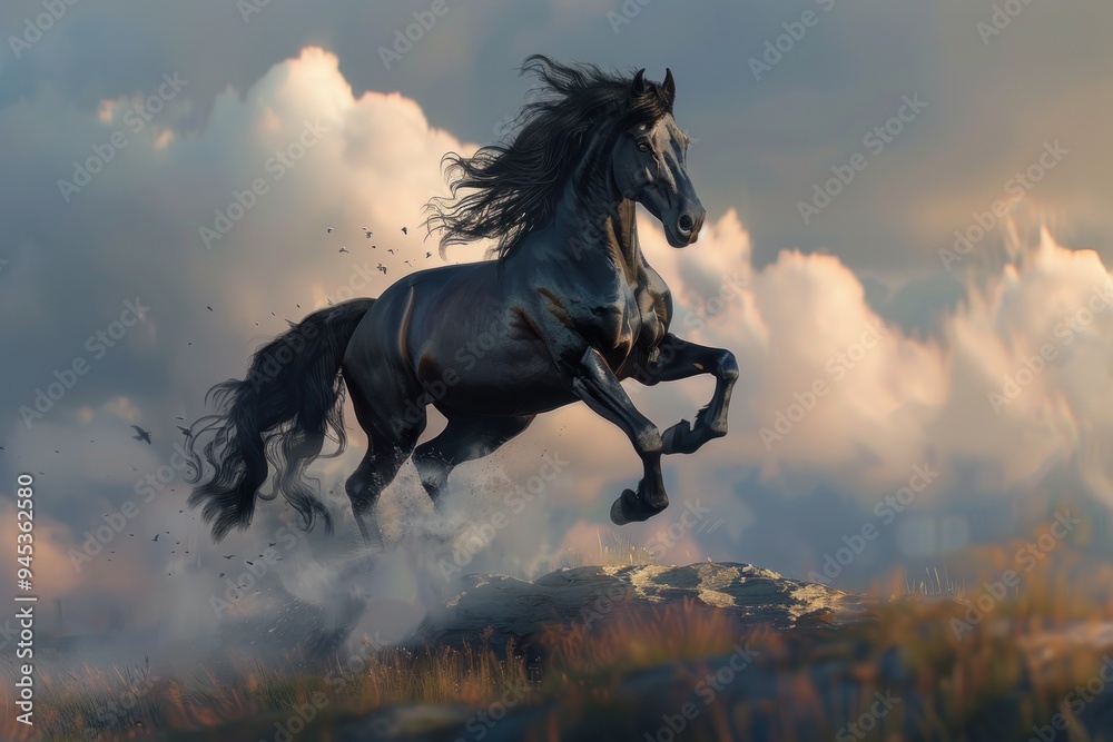 A beautiful black horse was running while jumping A beautiful black horse was running while jumping