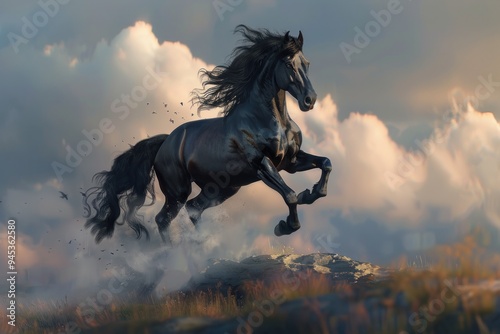 A beautiful black horse was running while jumping