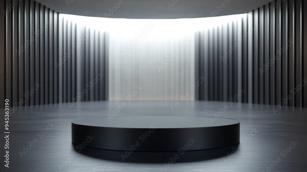 A sleek, black podium with a matte finish, standing on a large, empty stage with a soft, blurred background